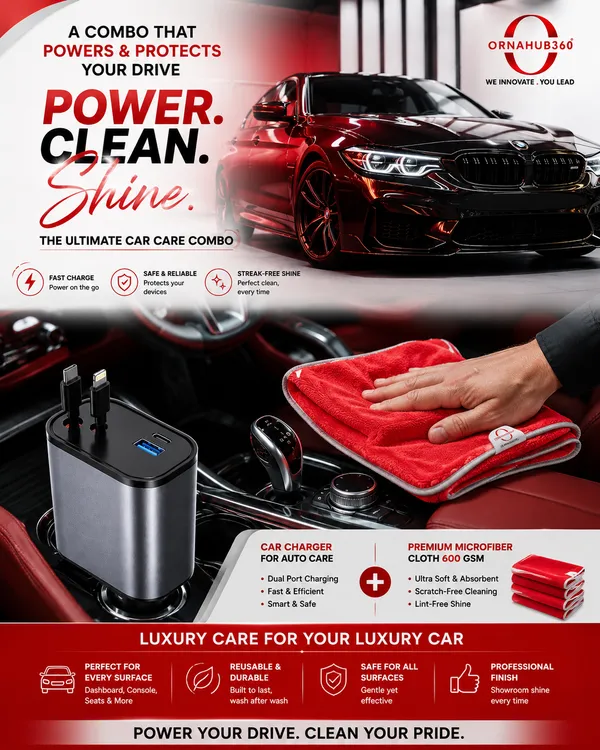 ORNAHUB360_|_COMBO_120W_Fast_Turbo_Car_Charger_|__4_in_1_|_600_GSM_Microfiber_Cleaning_Cloth_Pack_of_3**