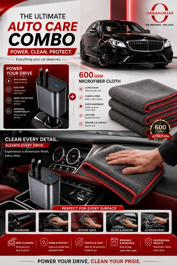 ORNAHUB360_|_COMBO_120W_Fast_Turbo_Car_Charger_|__4_in_1_|_600_GSM_Microfiber_Cleaning_Cloth_Pack_of_3**
