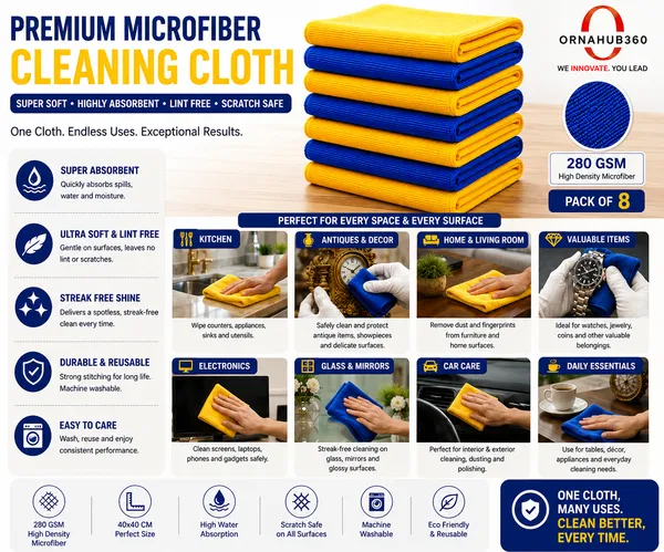 ORNAHUB360_|_Pack_of_8_|_280GSM_|_Premium_Microfiber_Cleaning_Cloth__|_40x40_cm_|_Multicolor