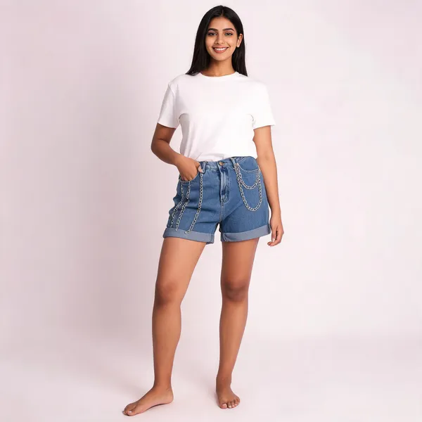 Blue_Denim_Chain_Detail_Cuffed_Shorts_For_Women