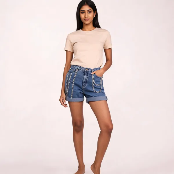 Blue_Denim_Chain_Detail_Cuffed_Shorts_For_Women
