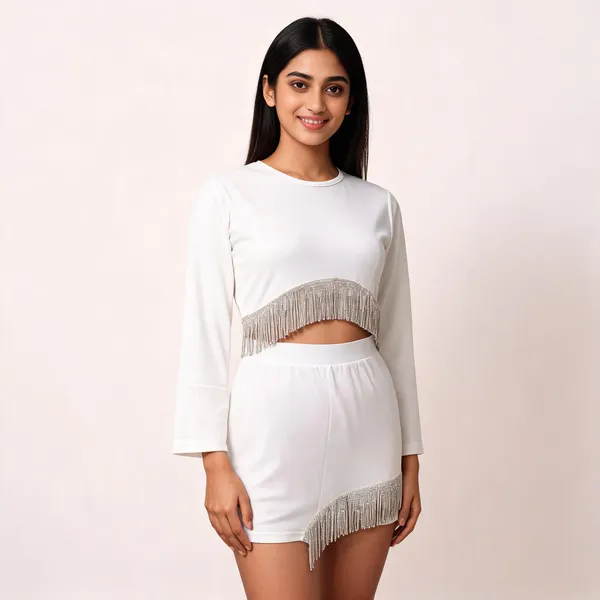 White_Lycra_Embellished_Crop_Top_And_Shorts_Set_For_Women