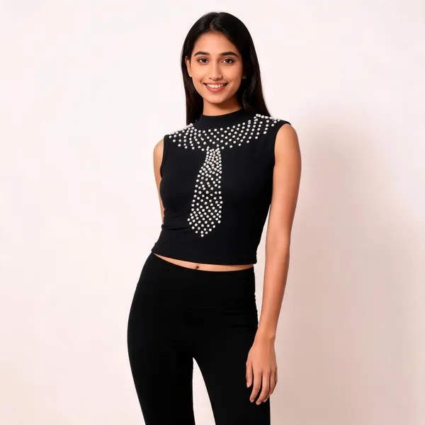 Black_Cotton_Blend_Sleeveless_Studded_Top_For_Women
