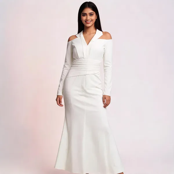 White_Long_Sleeve_A-Line_Maxi_Dress_For_Women