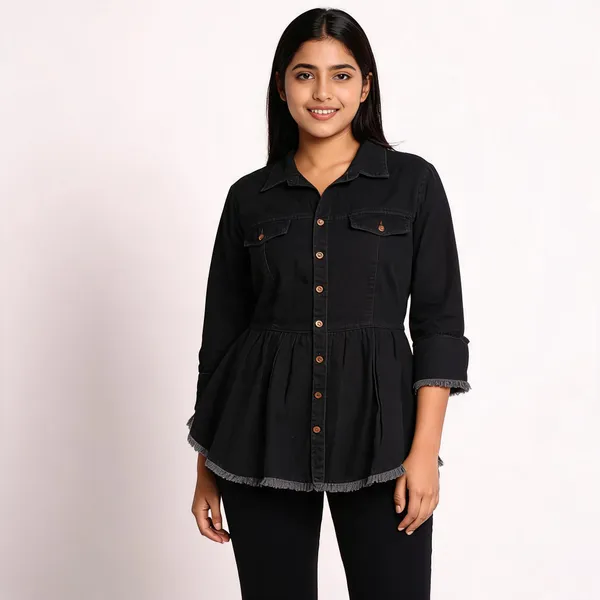 Black_Cotton_Denim_Full_Sleeve_Button_Front_Kurta_For_Women