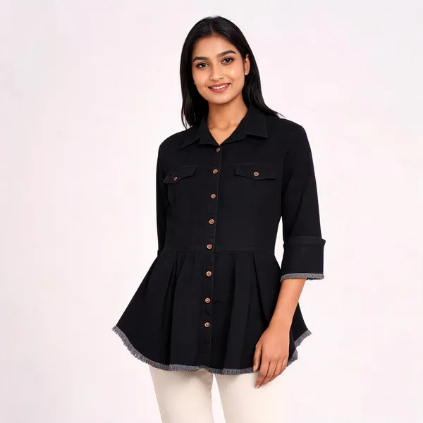 Black_Cotton_Denim_Full_Sleeve_Button_Front_Kurta_For_Women