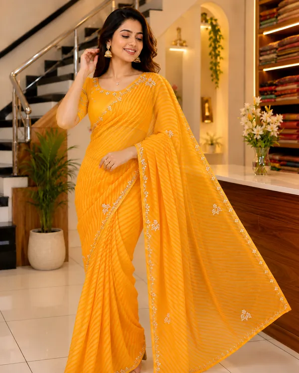 SOMA_Yellow_Leheriya_Georgette_Saree_With_Flower_Work_And_Pure_Blouse