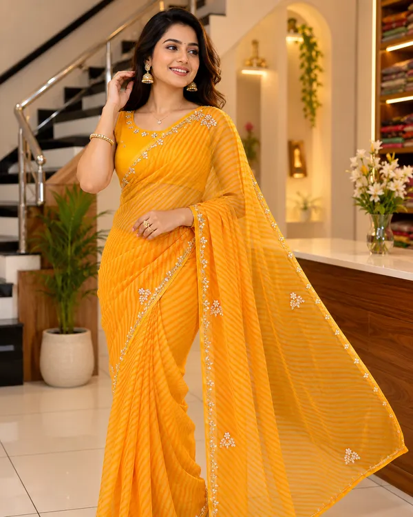 SOMA_Yellow_Leheriya_Georgette_Saree_With_Flower_Work_And_Pure_Blouse
