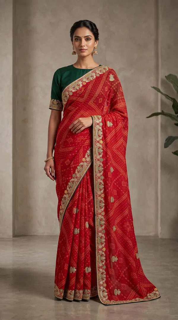 soma_Bright_Red_Crepe_Embroidered_Border_Saree_With_Contrast_Green_Blouse