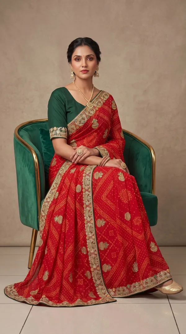 soma_Bright_Red_Crepe_Embroidered_Border_Saree_With_Contrast_Green_Blouse