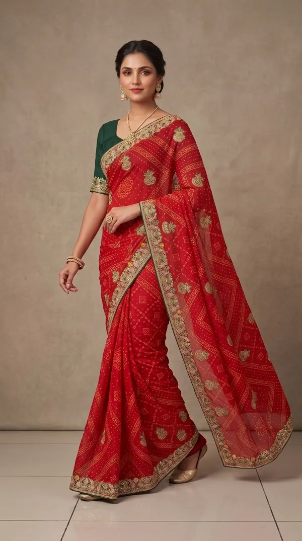 soma_Bright_Red_Crepe_Embroidered_Border_Saree_With_Contrast_Green_Blouse
