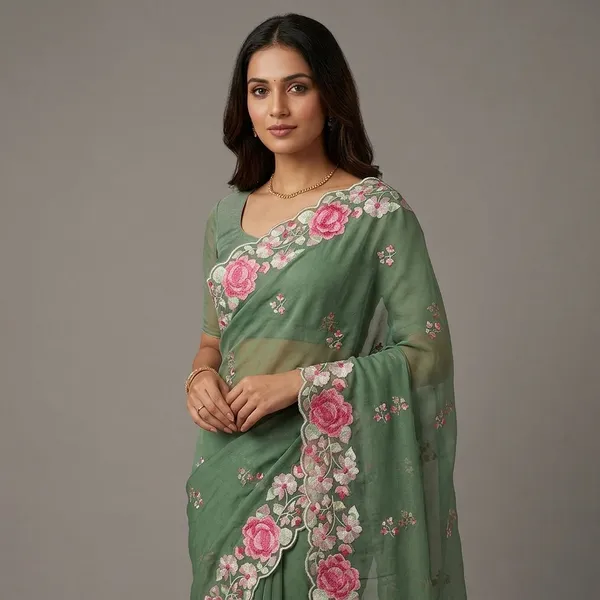 SOMA_Green_Floral_Print_Chiffon_Saree_With_Pink_Rose_Border