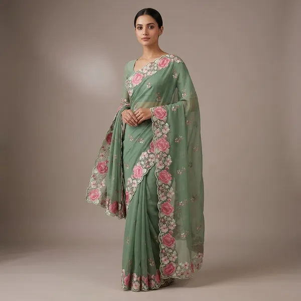 SOMA_Green_Floral_Print_Chiffon_Saree_With_Pink_Rose_Border
