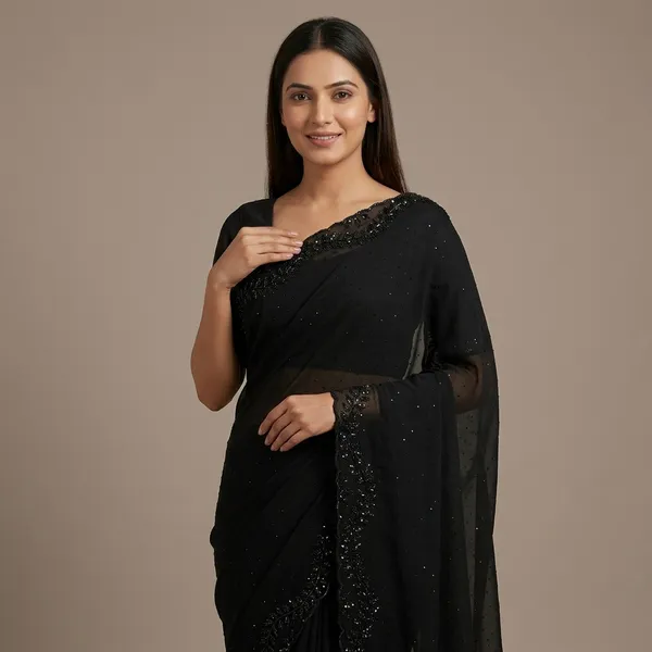 SOMA_Black_Wrinkle_Chiffon_Embellished_Work_Border_Saree_For_Women