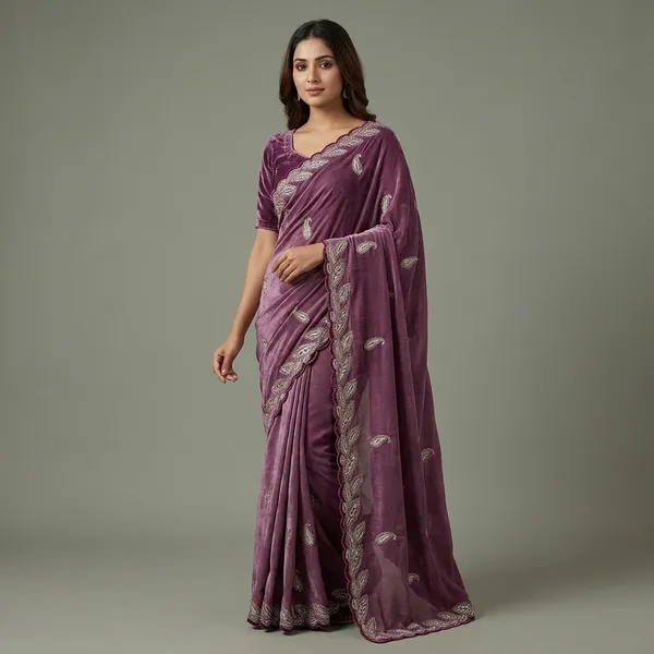 SOMA_śPurple_Chocolate_Silk_Embroidered_Saree_With_Velvet_Blouse