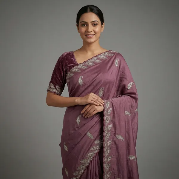 SOMA_śPurple_Chocolate_Silk_Embroidered_Saree_With_Velvet_Blouse