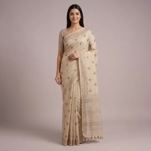 SOMA_Beige_Maheshwari_Cotton_Jacquard_Triangle_Motif_Saree_With_Tassels