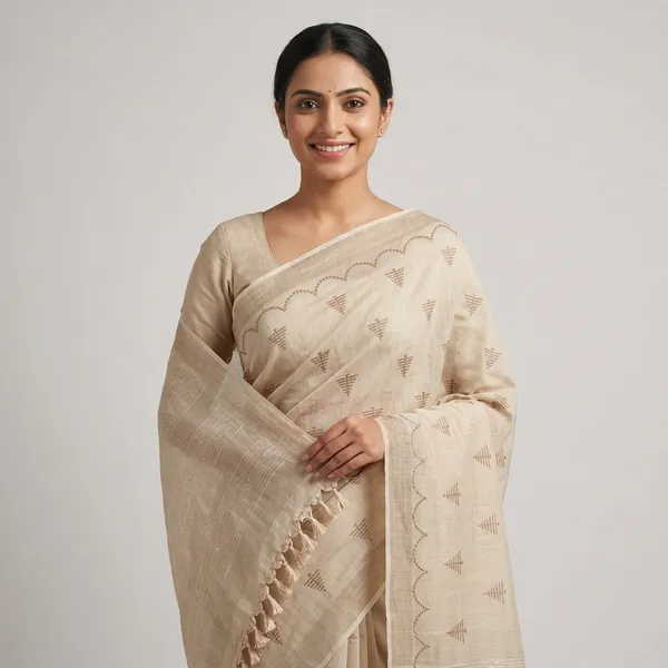 SOMA_Beige_Maheshwari_Cotton_Jacquard_Triangle_Motif_Saree_With_Tassels