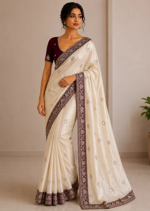 SOMA_Cream_Wari_Silk_Embroidered_Saree_With_Contrast_Maroon_Border