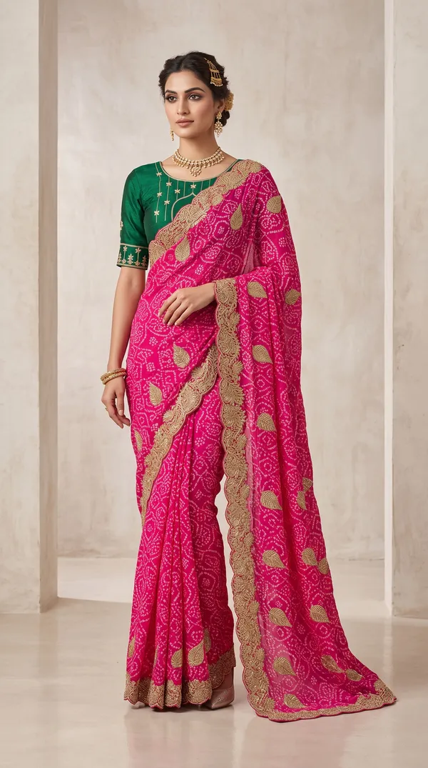soma_Magenta_Pink_Embroidered_Saree_With_Golden_Zari_Motifs_And_Contrast_Green_Blouse