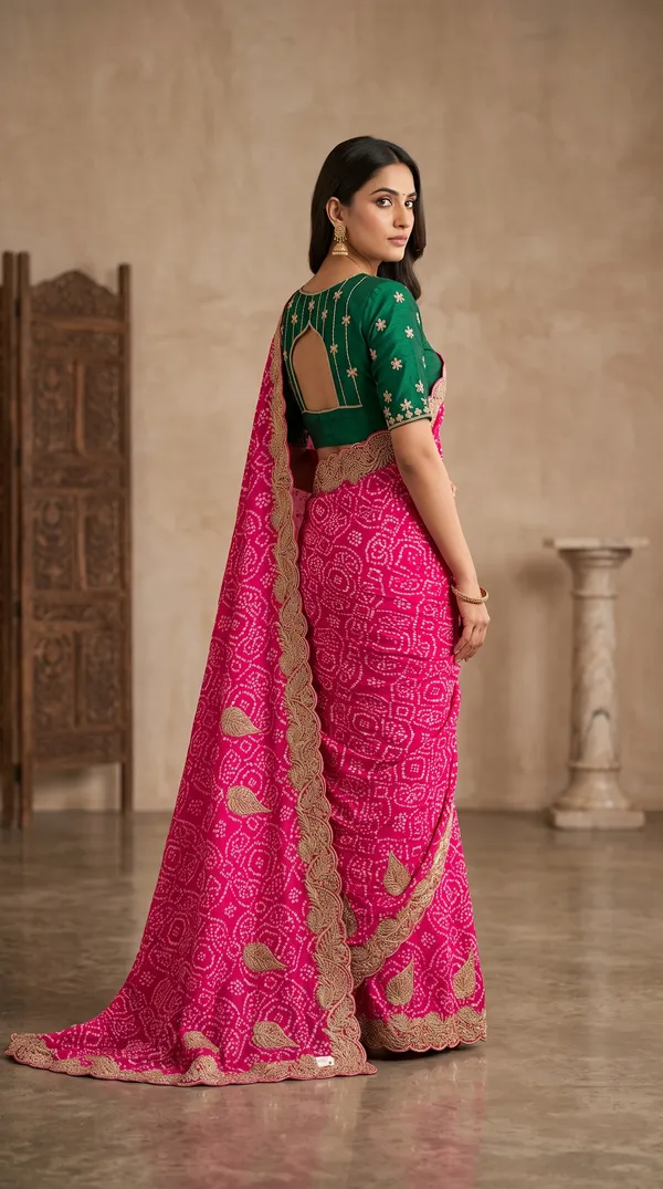 soma_Magenta_Pink_Embroidered_Saree_With_Golden_Zari_Motifs_And_Contrast_Green_Blouse