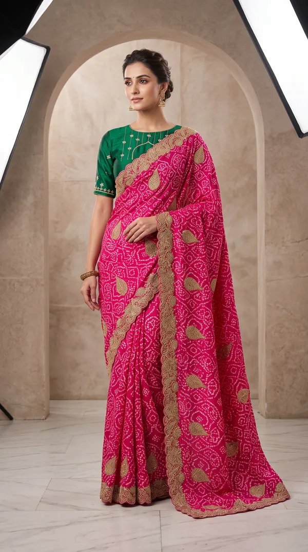 soma_Magenta_Pink_Embroidered_Saree_With_Golden_Zari_Motifs_And_Contrast_Green_Blouse