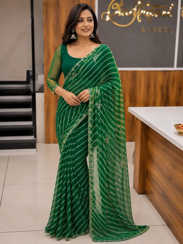 SOMA_Green_Leheriya_Georgette_Saree_With_Moti_Work_And_Pure_Blouse