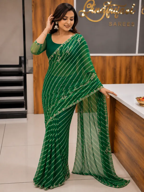 SOMA_Green_Leheriya_Georgette_Saree_With_Moti_Work_And_Pure_Blouse