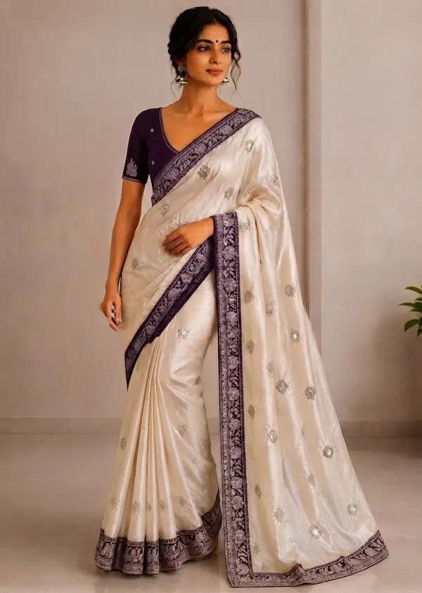 SOMA_Beige_Wari_Silk_Embroidered_Saree_With_Contrast_Wine_Border