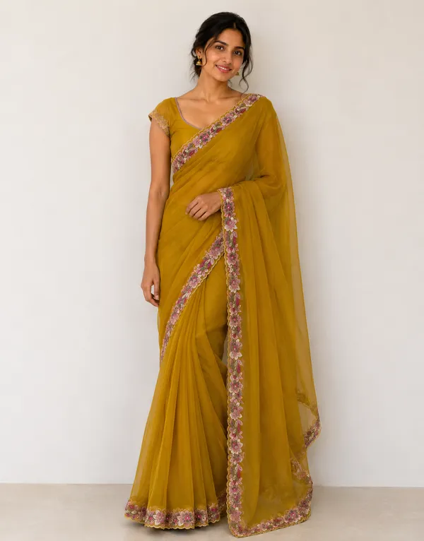 SOMA_Mustard_Yellow_Chiffon_Embroidered_Saree_With_Floral_Border