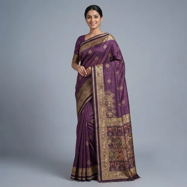 SOMA_Purple_Wari_Silk_Ajrak_Print_Saree