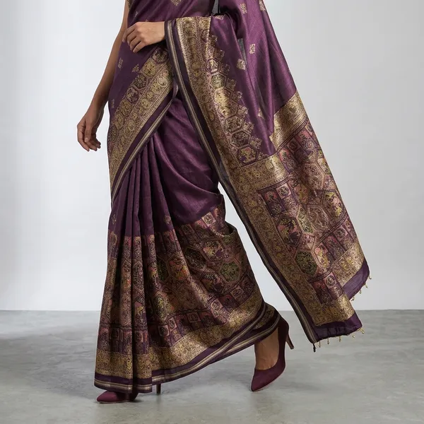 SOMA_Purple_Wari_Silk_Ajrak_Print_Saree