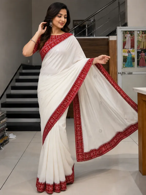 SOMA_White_Crepe_Bandhani_Red_Border_Saree_With_Bandhej_Blouse