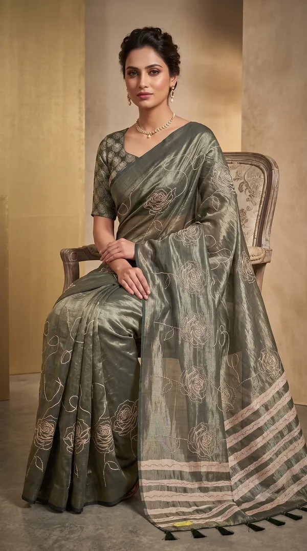 soma_Olive_Green_Heavy_Zari_Brocade_Work_Saree_With_Floral_Border