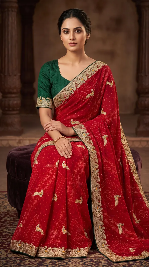 soma_Classic_Red_Saree_With_Intricate_Zari_Work_And_Contrast_Dark_Blouse