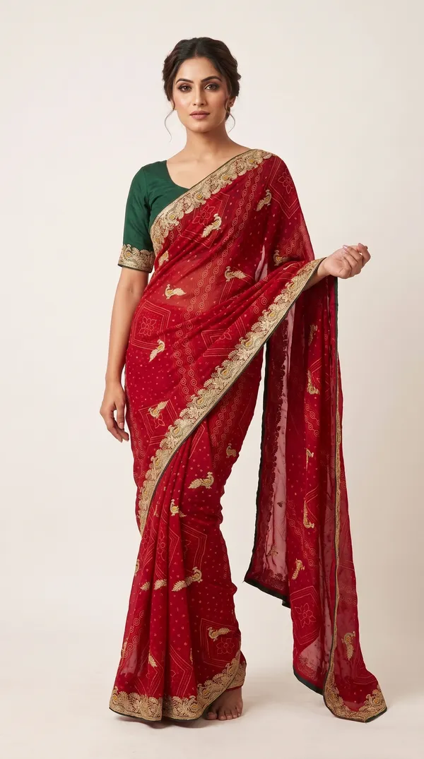 soma_Classic_Red_Saree_With_Intricate_Zari_Work_And_Contrast_Dark_Blouse