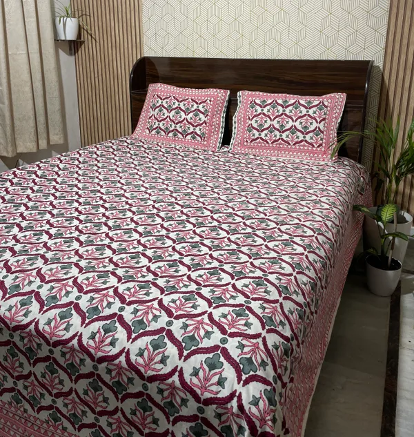 White_Botanical_Block_Print_Double_Bedsheet_Set