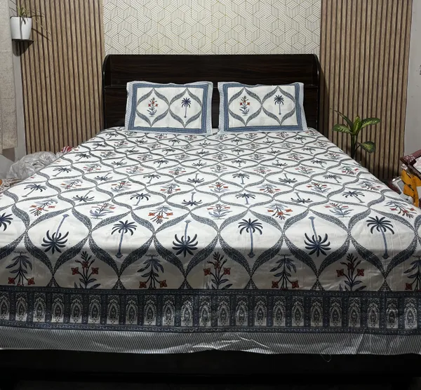 White_Botanical_Block_Print_Double_Bedsheet_Set