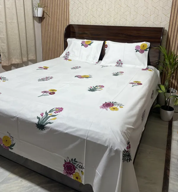 White_Floral_Block_Print_Double_Bedsheet_Set
