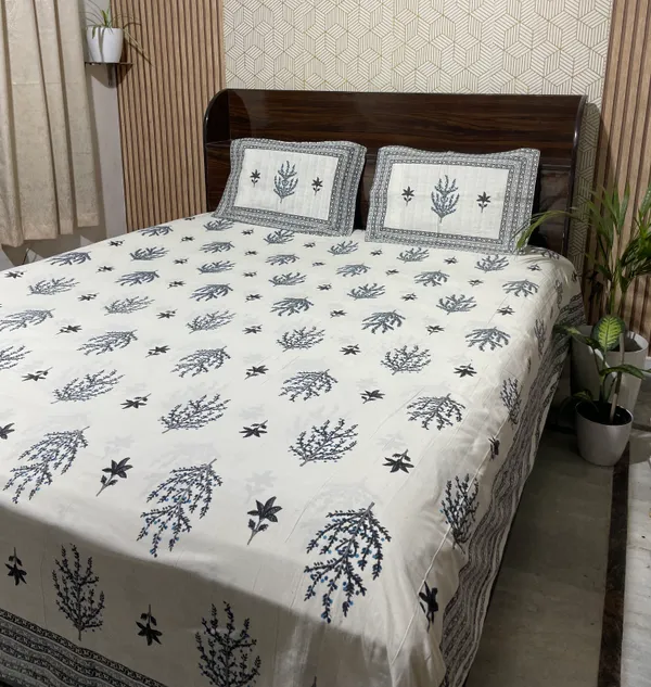 White_Botanical_Block_Print_Double_Bedsheet_Set