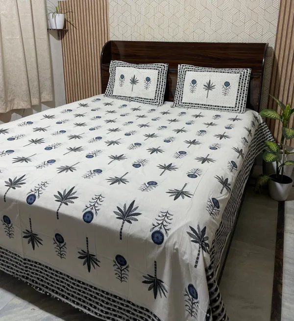 White_Botanical_Block_Print_Double_Bedsheet_Set