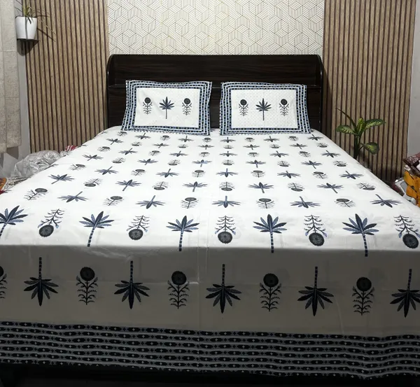 White_Botanical_Block_Print_Double_Bedsheet_Set