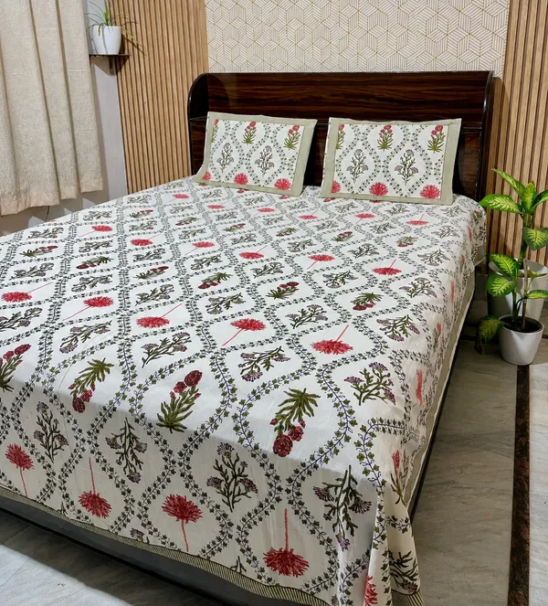 White_Botanical_Block_Print_Double_Bedsheet_Set