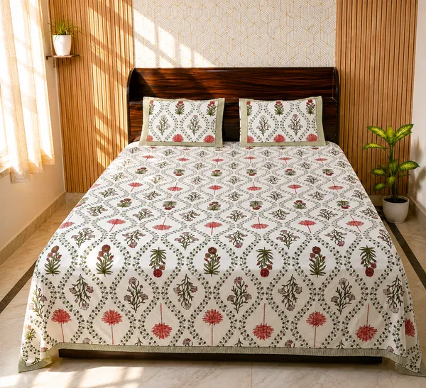 White_Botanical_Block_Print_Double_Bedsheet_Set