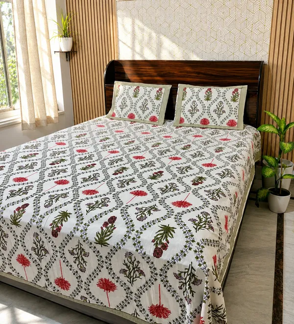 White_Botanical_Block_Print_Double_Bedsheet_Set