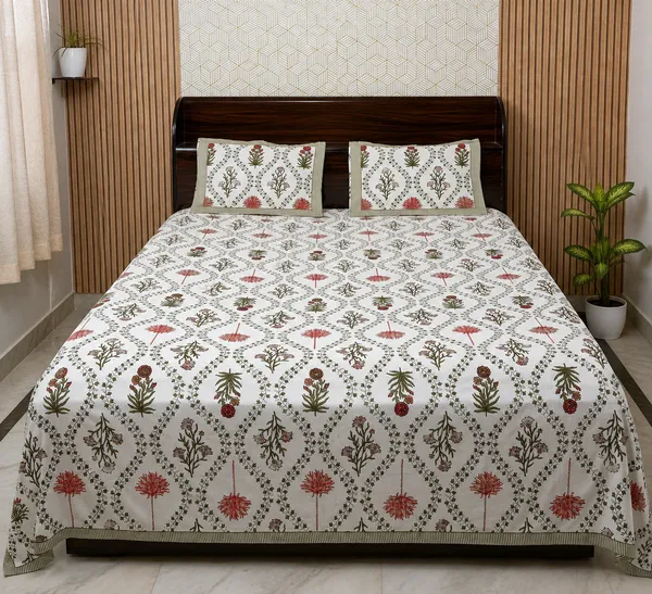 White_Botanical_Block_Print_Double_Bedsheet_Set