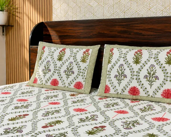 White_Botanical_Block_Print_Double_Bedsheet_Set
