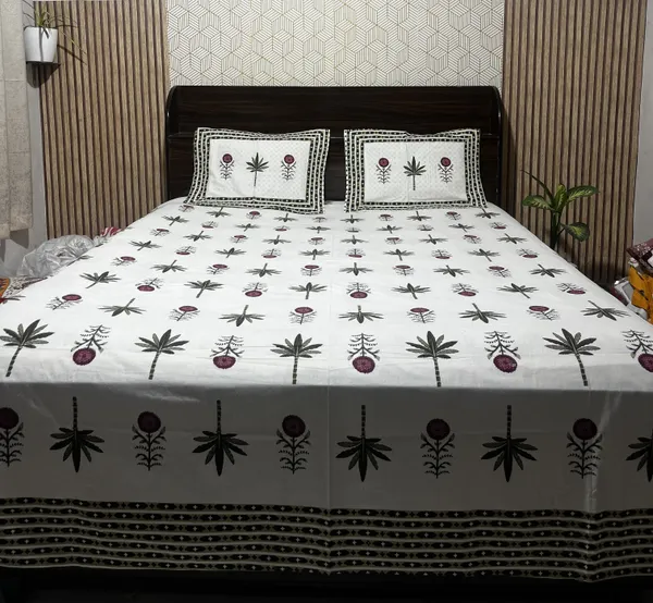 White_Botanical_Block_Print_Double_Bedsheet_Set