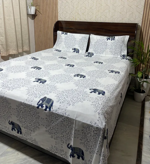 White_Floral_Block_Print_Double_Bedsheet_Set
