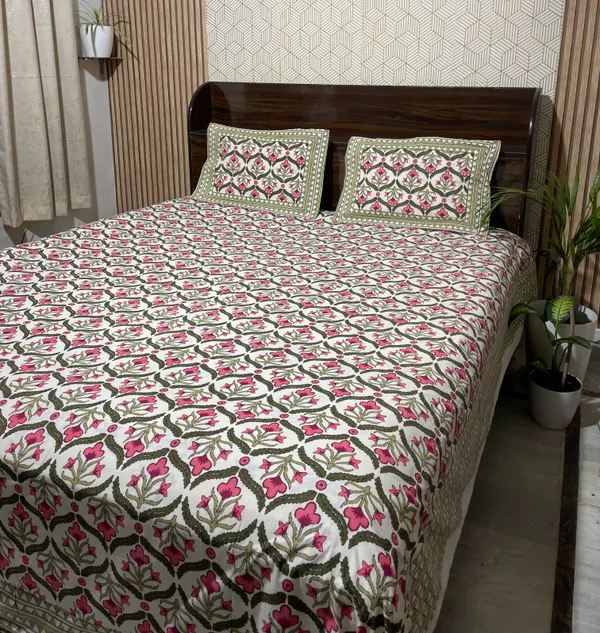 White_Botanical_Block_Print_Double_Bedsheet_Set